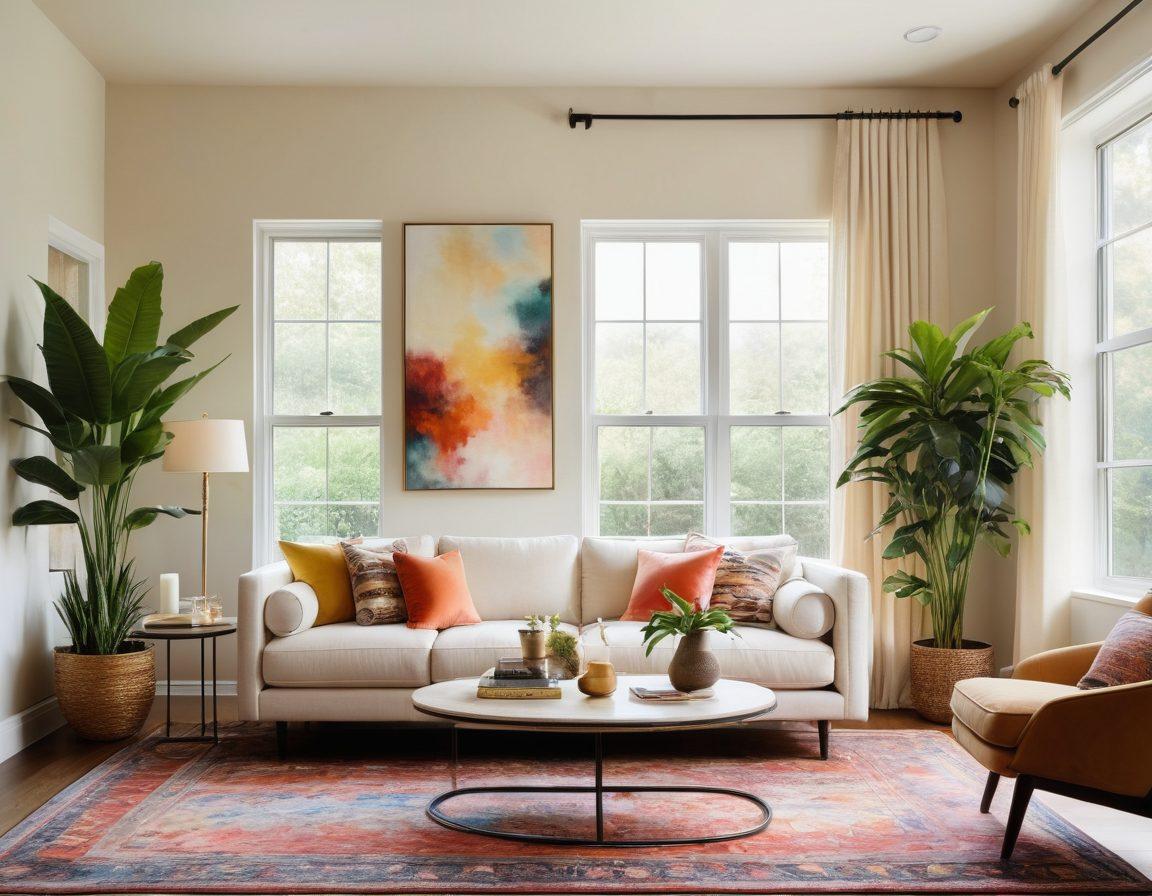 A cozy, stylish living room featuring a plush sofa with colorful throw pillows, warm light from a modern lamp, and a beautifully textured rug. Large windows let in natural light, with indoor plants adding a touch of greenery. A stylish coffee table displays art books and candles, creating a peaceful atmosphere. The walls are adorned with chic artwork and soft hues, perfectly blending comfort and elegance. super-realistic. vibrant colors. warm tones.