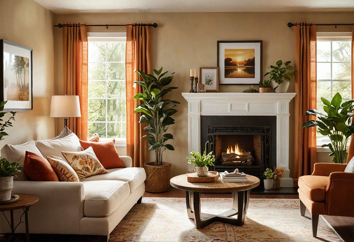 A cozy living room filled with warm, inviting colors, showcasing a comfortable sofa adorned with plush cushions, a glowing fireplace, and nature-inspired decor like houseplants and wooden accents. Sunlight filters through sheer curtains, creating a peaceful ambiance. Elements of personalization, such as family photos and unique artwork, add character to the space. super-realistic. vibrant colors. soft lighting.