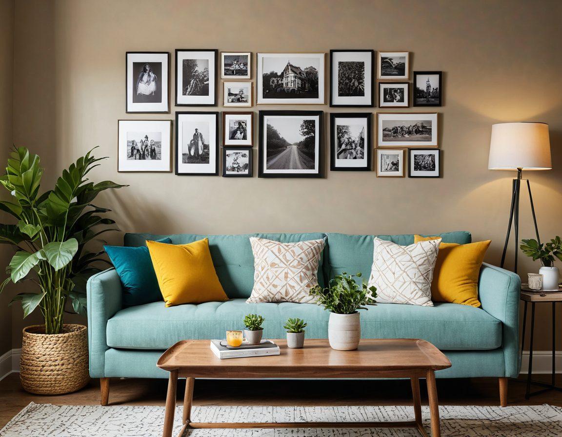 A cozy interior scene showcasing a warmly decorated living room with personalized touches. Include a comfortable sofa adorned with colorful cushions, a wall filled with family photos, and a small indoor plant on a bright side table. Incorporate soft lighting that creates a welcoming atmosphere. The room should feel inviting and homely, emphasizing the idea of personalizing space. super-realistic. warm colors.